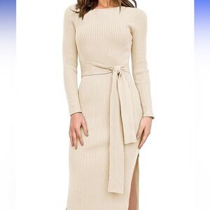Elegant Ribbed Knit Dress with Tie Waist